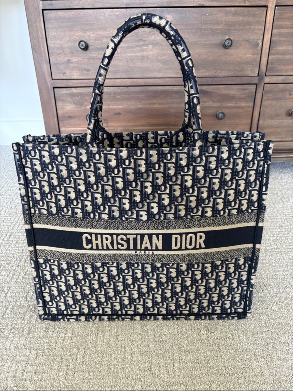 Large Dior Book Tote.  Ecru and Blue oblique embroidery. 42 x 35 x 18.5 cm